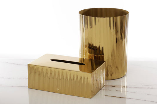 סט פח + קופסה לטישו STAINLESSGOLG בגודל 20X20X26 25X16X9 בצבע זהב