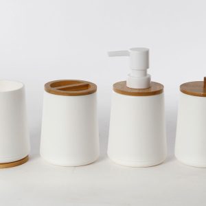 סט 4 חלקים מיכל צמר גפן דיספנסר מעמד מברשות שיניים וכוס